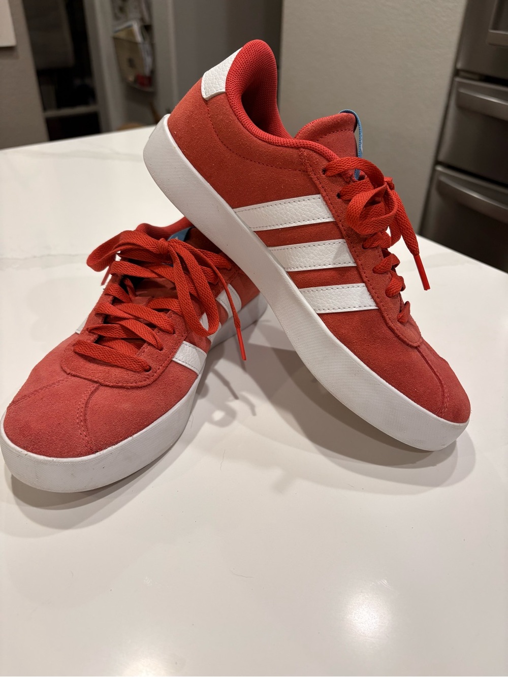 adidas Women’s Red Suede VL Court 3.0 Low-Top Sneakers White Stripes Size 8